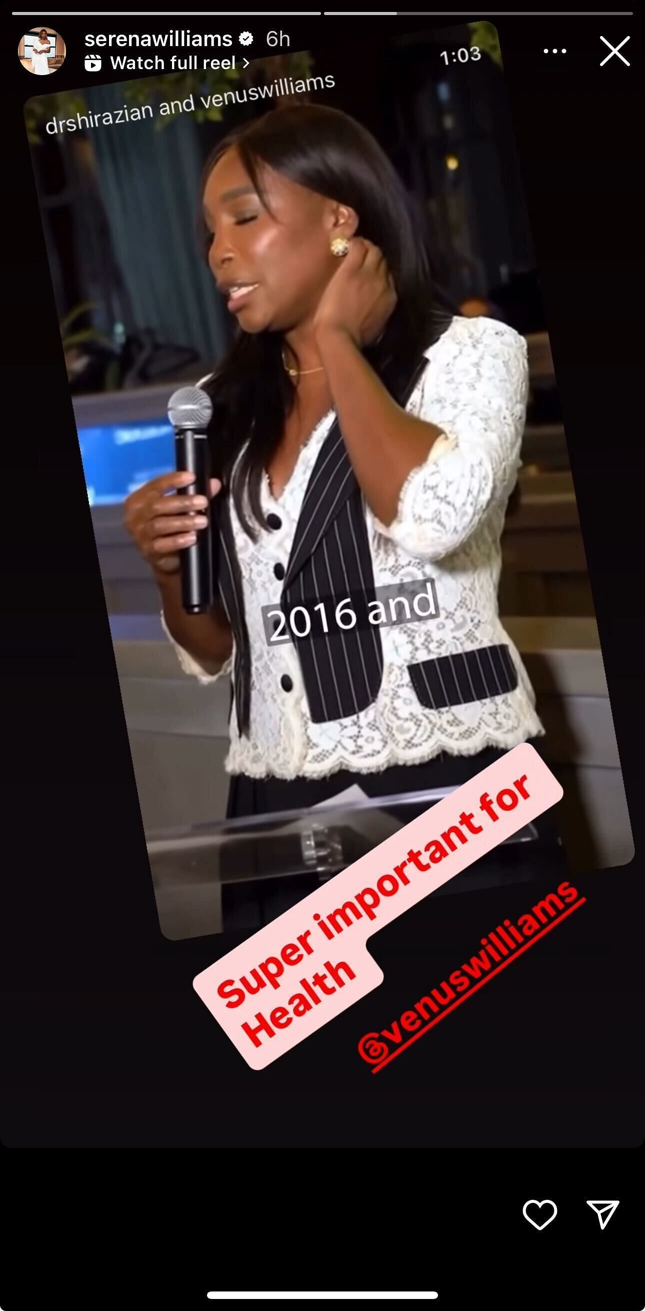 Screengrab from Serena Williams' Instagram story @serenawilliams